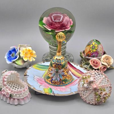 LOT 91L: Vintage Art Glass Rose Paperweight, Royale Stratford Handcrafted Porcelain Flower Bouquet Vase, Vintage Cloisonné Enamel Bell,...