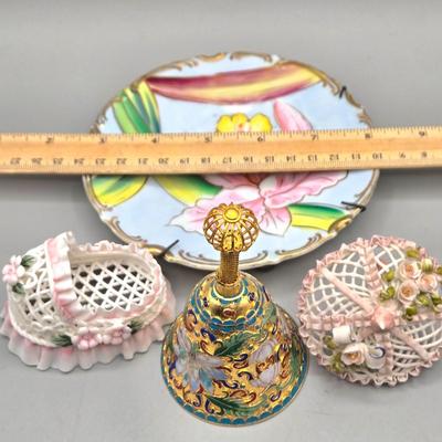 LOT 91L: Vintage Art Glass Rose Paperweight, Royale Stratford Handcrafted Porcelain Flower Bouquet Vase, Vintage Cloisonné Enamel Bell,...