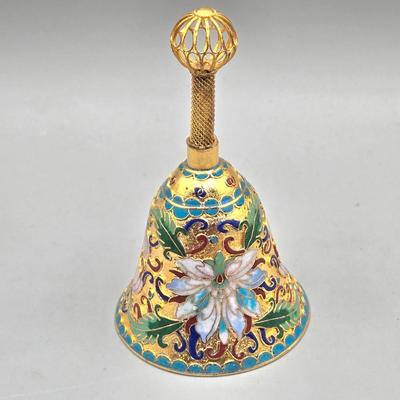 LOT 91L: Vintage Art Glass Rose Paperweight, Royale Stratford Handcrafted Porcelain Flower Bouquet Vase, Vintage Cloisonné Enamel Bell,...