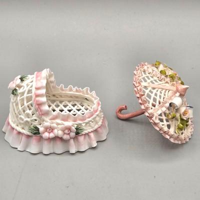 LOT 91L: Vintage Art Glass Rose Paperweight, Royale Stratford Handcrafted Porcelain Flower Bouquet Vase, Vintage Cloisonné Enamel Bell,...