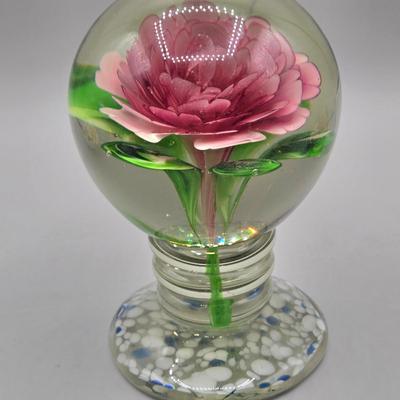 LOT 91L: Vintage Art Glass Rose Paperweight, Royale Stratford Handcrafted Porcelain Flower Bouquet Vase, Vintage Cloisonné Enamel Bell,...