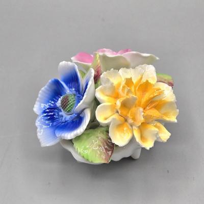 LOT 91L: Vintage Art Glass Rose Paperweight, Royale Stratford Handcrafted Porcelain Flower Bouquet Vase, Vintage Cloisonné Enamel Bell,...