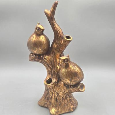 LOT 93L: Homco Masterpiece Blue Jay Figurine, California Pottery 2 Birds On Tree Gold Leaf Statue Vase, and Small Hummingbird Candle Holder