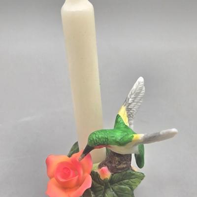 LOT 93L: Homco Masterpiece Blue Jay Figurine, California Pottery 2 Birds On Tree Gold Leaf Statue Vase, and Small Hummingbird Candle Holder