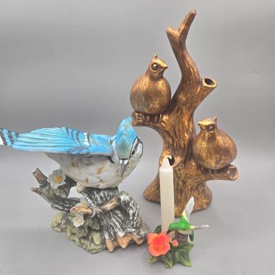 LOT 93L: Homco Masterpiece Blue Jay Figurine, California Pottery 2 Birds On Tree Gold Leaf Statue Vase, and Small Hummingbird Candle Holder
