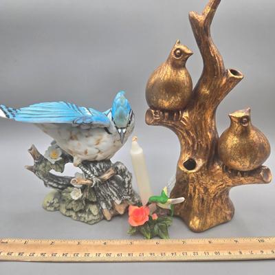 LOT 93L: Homco Masterpiece Blue Jay Figurine, California Pottery 2 Birds On Tree Gold Leaf Statue Vase, and Small Hummingbird Candle Holder