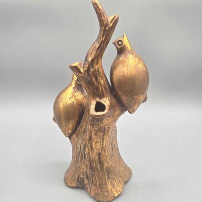 LOT 93L: Homco Masterpiece Blue Jay Figurine, California Pottery 2 Birds On Tree Gold Leaf Statue Vase, and Small Hummingbird Candle Holder