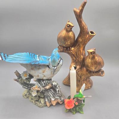 LOT 93L: Homco Masterpiece Blue Jay Figurine, California Pottery 2 Birds On Tree Gold Leaf Statue Vase, and Small Hummingbird Candle Holder