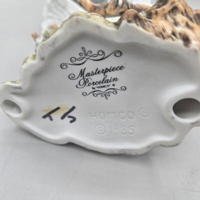 LOT 93L: Homco Masterpiece Blue Jay Figurine, California Pottery 2 Birds On Tree Gold Leaf Statue Vase, and Small Hummingbird Candle Holder