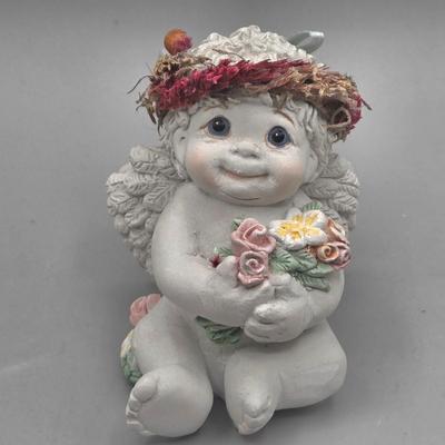 LOT 95L: Pair of Ron Gordon Designs White Angel Candle Holders, Vintage 1994 Fitz & Floyd Little Miracles Cherub Holding Love Balloon...