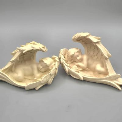 LOT 95L: Pair of Ron Gordon Designs White Angel Candle Holders, Vintage 1994 Fitz & Floyd Little Miracles Cherub Holding Love Balloon...