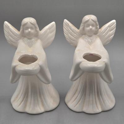 LOT 95L: Pair of Ron Gordon Designs White Angel Candle Holders, Vintage 1994 Fitz & Floyd Little Miracles Cherub Holding Love Balloon...