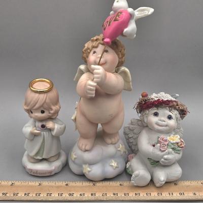 LOT 95L: Pair of Ron Gordon Designs White Angel Candle Holders, Vintage 1994 Fitz & Floyd Little Miracles Cherub Holding Love Balloon...