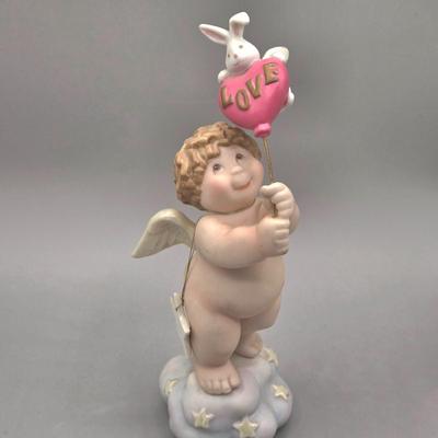 LOT 95L: Pair of Ron Gordon Designs White Angel Candle Holders, Vintage 1994 Fitz & Floyd Little Miracles Cherub Holding Love Balloon...