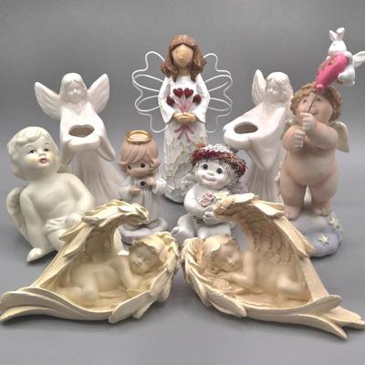 LOT 95L: Pair of Ron Gordon Designs White Angel Candle Holders, Vintage 1994 Fitz & Floyd Little Miracles Cherub Holding Love Balloon...