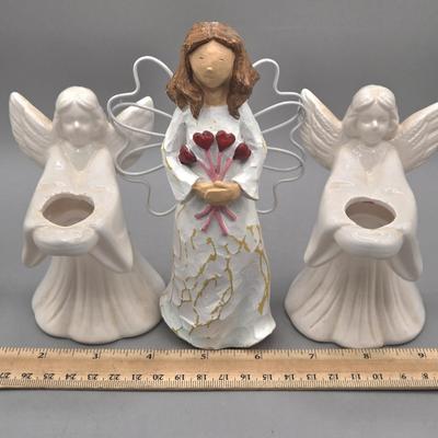 LOT 95L: Pair of Ron Gordon Designs White Angel Candle Holders, Vintage 1994 Fitz & Floyd Little Miracles Cherub Holding Love Balloon...