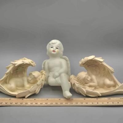LOT 95L: Pair of Ron Gordon Designs White Angel Candle Holders, Vintage 1994 Fitz & Floyd Little Miracles Cherub Holding Love Balloon...