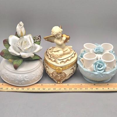 LOT 96L: Lenox Treasures Of The Heart Porcelain Hinged Trinket Box, San Francisco Music Box Company Cherub Trinket W Rice & Co Japan...