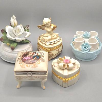 LOT 96L: Lenox Treasures Of The Heart Porcelain Hinged Trinket Box, San Francisco Music Box Company Cherub Trinket W Rice & Co Japan...