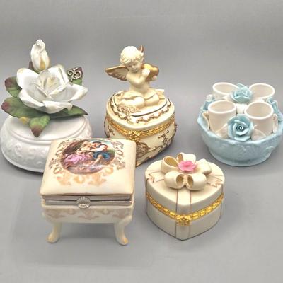 LOT 96L: Lenox Treasures Of The Heart Porcelain Hinged Trinket Box, San Francisco Music Box Company Cherub Trinket W Rice & Co Japan...