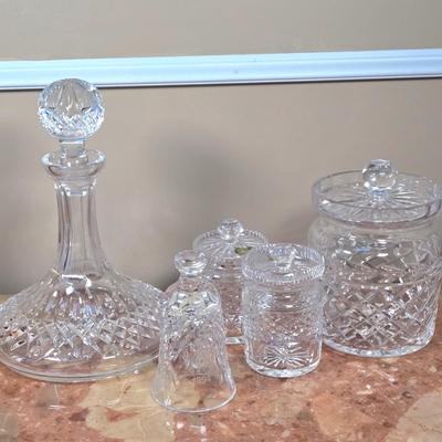LOT 108D: Waterford Crystal Captain's Ship Decanter, Jam & Jelly Jars, Biscuit Barrel, and Bell
