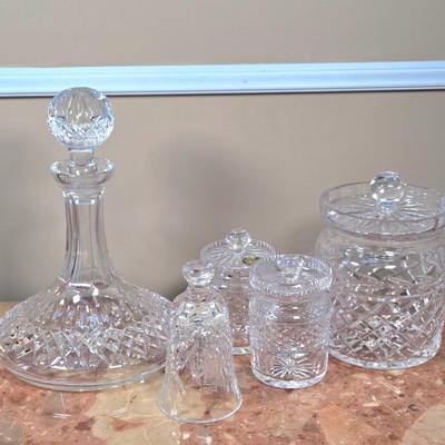LOT 108D: Waterford Crystal Captain's Ship Decanter, Jam & Jelly Jars, Biscuit Barrel, and Bell