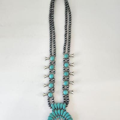 Bold Southwestern Style Double Strand Necklace With Turquoise Color Stones and Dramatic Fan Pendant