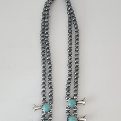 Bold Southwestern Style Double Strand Necklace With Turquoise Color Stones and Dramatic Fan Pendant
