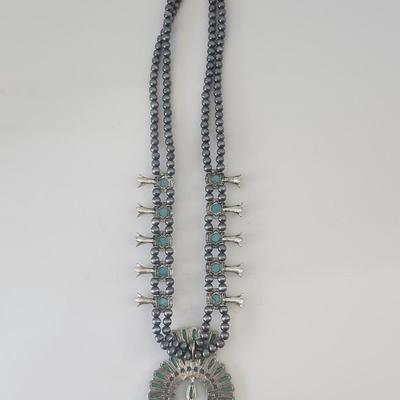 Bold Southwestern Style Double Strand Necklace With Turquoise Color Stones and Dramatic Fan Pendant