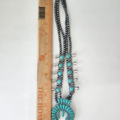 Bold Southwestern Style Double Strand Necklace With Turquoise Color Stones and Dramatic Fan Pendant