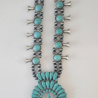 Bold Southwestern Style Double Strand Necklace With Turquoise Color Stones and Dramatic Fan Pendant