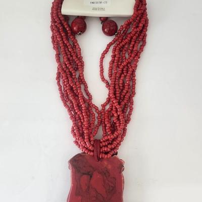 Makarlon Bold Red Multi Strand Beaded Necklace With Ornate Cross Pendant and Matching Earrings