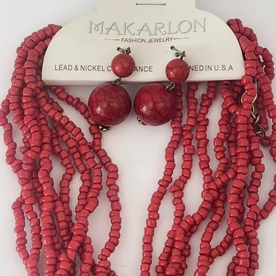 Makarlon Bold Red Multi Strand Beaded Necklace With Ornate Cross Pendant and Matching Earrings