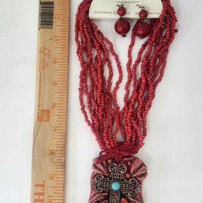 Makarlon Bold Red Multi Strand Beaded Necklace With Ornate Cross Pendant and Matching Earrings