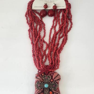 Makarlon Bold Red Multi Strand Beaded Necklace With Ornate Cross Pendant and Matching Earrings
