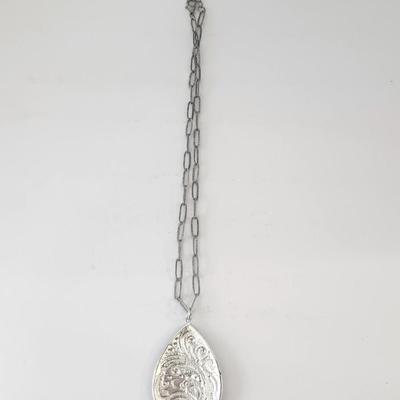 Silver Tone Teardrop Necklace With Ornate Scrollwork and Turquoise Color Accent
