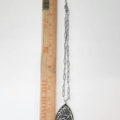 Silver Tone Teardrop Necklace With Ornate Scrollwork and Turquoise Color Accent