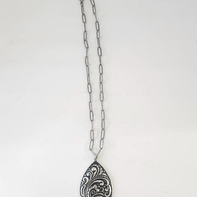 Silver Tone Teardrop Necklace With Ornate Scrollwork and Turquoise Color Accent