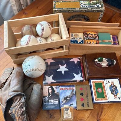 Vtg baseball glove, balls & cards