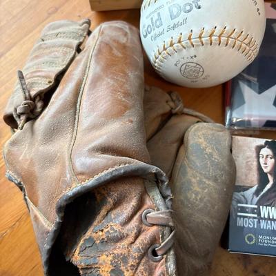 Vtg baseball glove, balls & cards