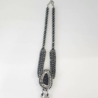 Dark Gray Multi Strand Beaded Necklace With Black Crackle Stone Pendant and Feather Drops