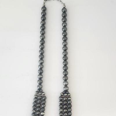 Dark Gray Multi Strand Beaded Necklace With Black Crackle Stone Pendant and Feather Drops