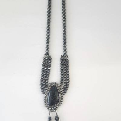 Dark Gray Multi Strand Beaded Necklace With Black Crackle Stone Pendant and Feather Drops