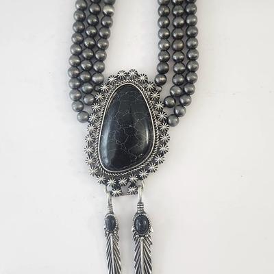 Dark Gray Multi Strand Beaded Necklace With Black Crackle Stone Pendant and Feather Drops