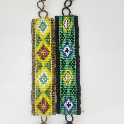 Pair of Hand Beaded Seed Bead Bracelets With Geometric Diamond Patterns
