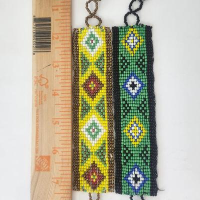 Pair of Hand Beaded Seed Bead Bracelets With Geometric Diamond Patterns