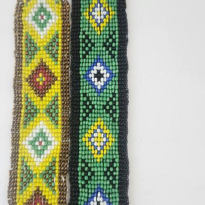 Pair of Hand Beaded Seed Bead Bracelets With Geometric Diamond Patterns