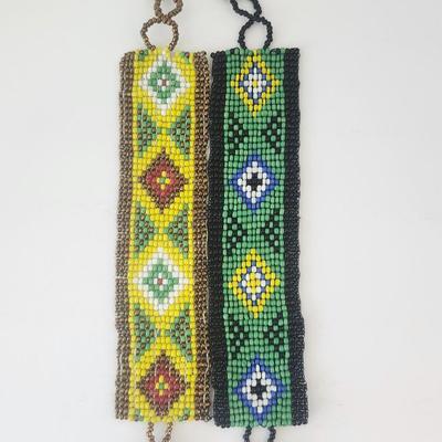 Pair of Hand Beaded Seed Bead Bracelets With Geometric Diamond Patterns