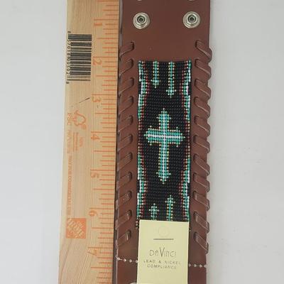 Da Vinci Beaded Leather Cuff Bracelet Cross Motif Southwestern Style Lead and Nickel Compliance