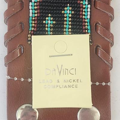 Da Vinci Beaded Leather Cuff Bracelet Cross Motif Southwestern Style Lead and Nickel Compliance